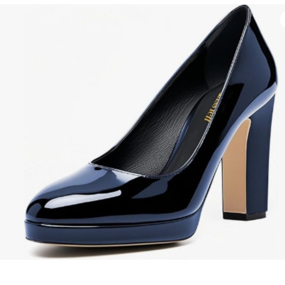 miss left Navy Platform Almond Toe Pumps Classic Slip On Chunky High Heel Shoes